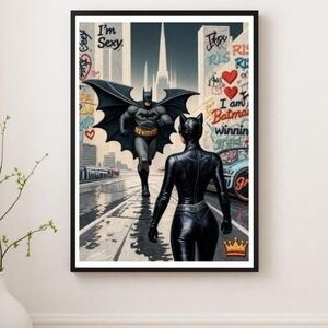 Batman n Sexy Catwoman Embroidered Décor Art Re-Print Stretched Canvas RTH 12x16